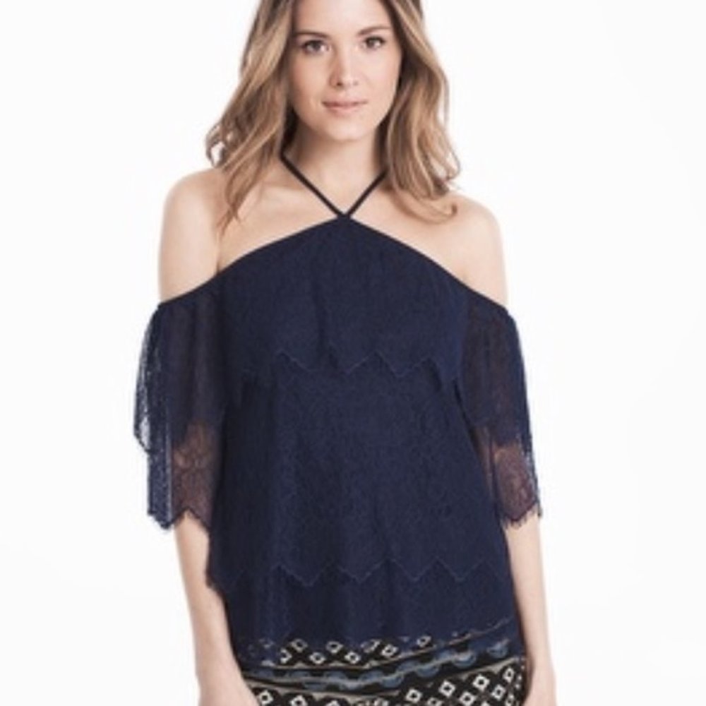 WHBM Tiered Lace Cold Shoulder Blouse